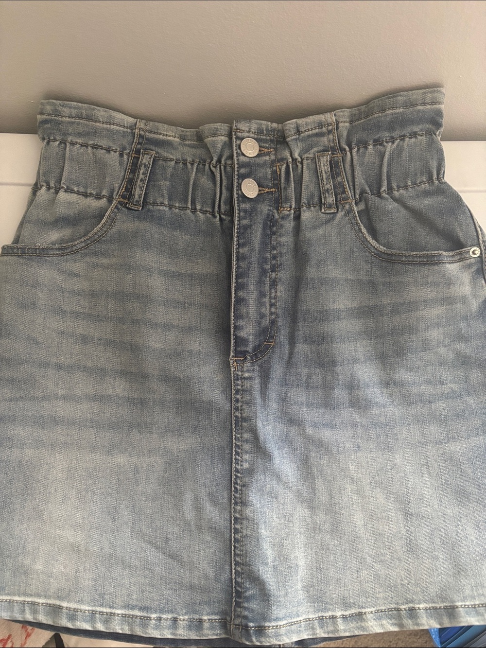Jolt Light Blue Paperbag Waist Denim Mini Skirt